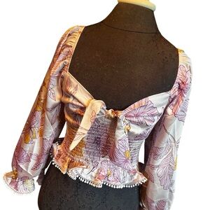 NWT En Saison Pink Satin Floral Smocked Wench Blouse New Boho Hippie Festival M
